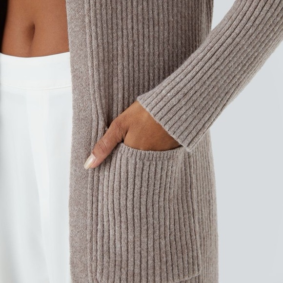 💕 HALARA hooded Long Sleeve Pocket Longline Cardigan, mocha meringue L NEW - Picture 4 of 8